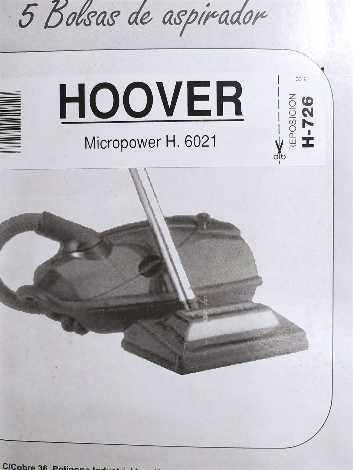 BOLSA ASPIRADOR HOOVER, MICROPOWER H6021, CAJA 5 BOLSAS PAPEL, F-726 - Imagen 1