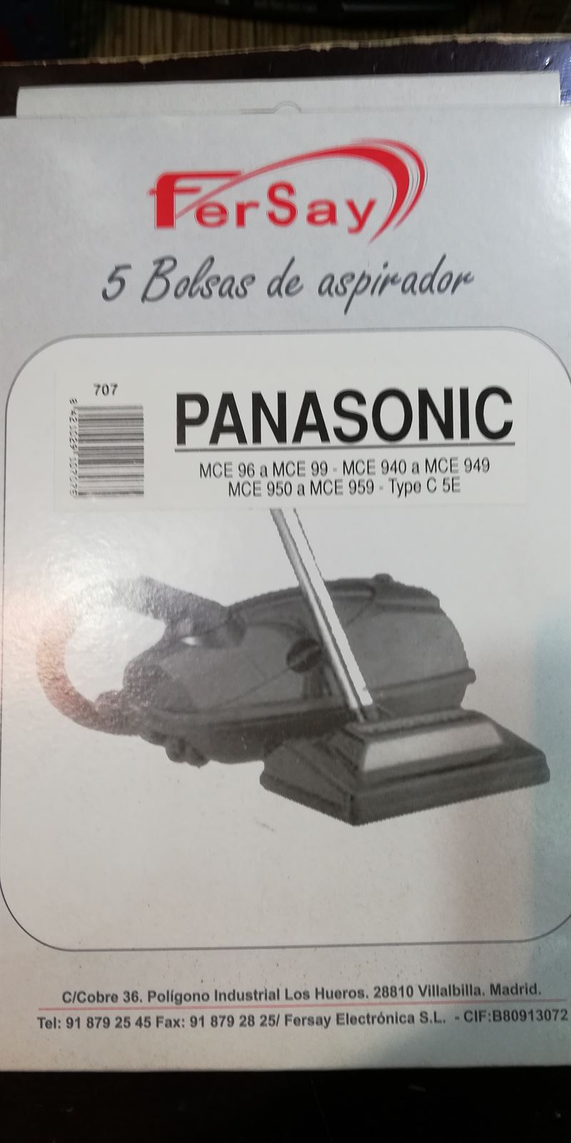 BOLSA ASPIRADOR PANASONIC, PAQUETE DE 5 BOLSAS, MCE96 A 99, MCE940 A 959, 7953430060, F-707 - Imagen 2