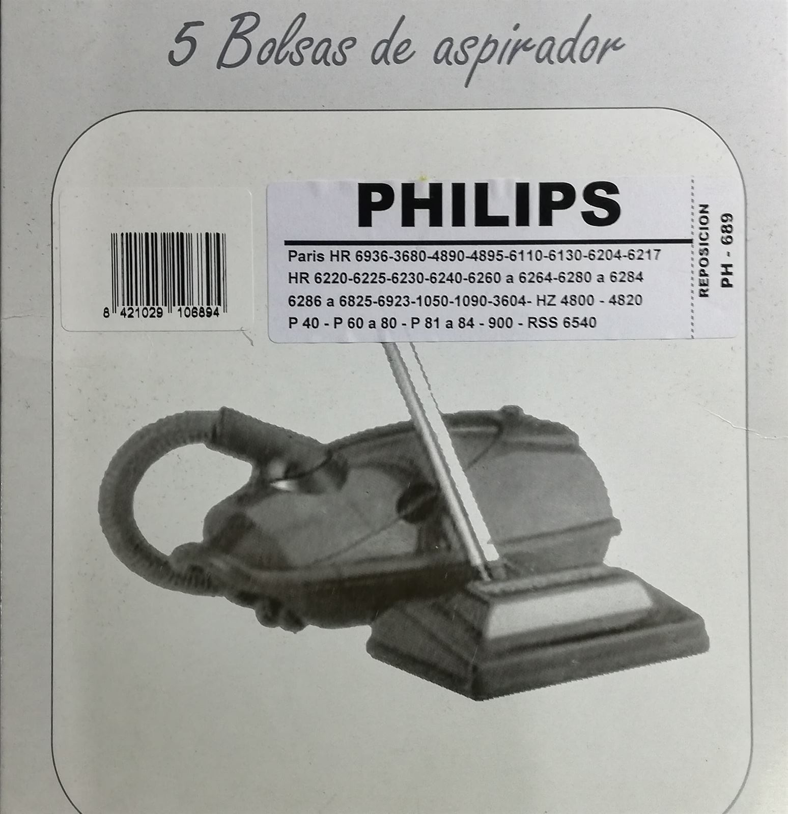 BOLSA ASPIRADOR PHILIPS PARÍS HR6936, PAQUETE 5 BOLSAS, F-689 - Imagen 2