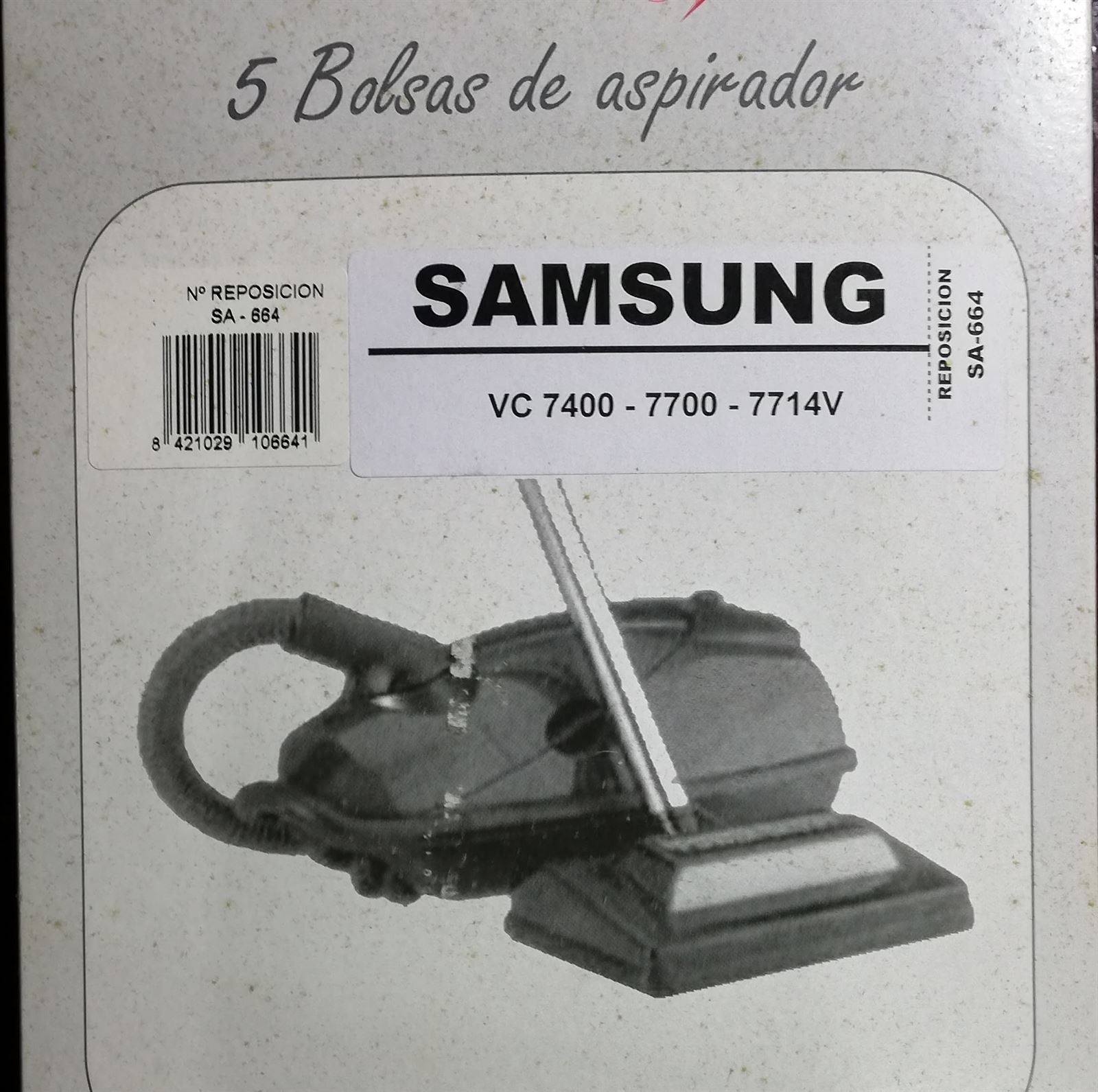 BOLSA ASPIRADOR SAMSUNG VC-7400-7700-7714, PAQUETE 5 BOSLSAS, F-664 - Imagen 2