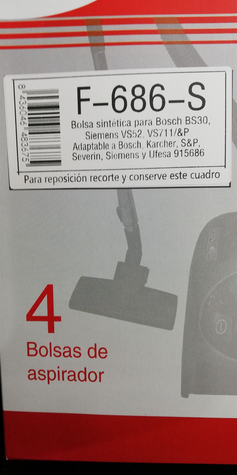 BOLSA ASPIRADOR SIEMENS VS52, VS711, CAJA 4 BOLSAS, F-686-S - Imagen 2