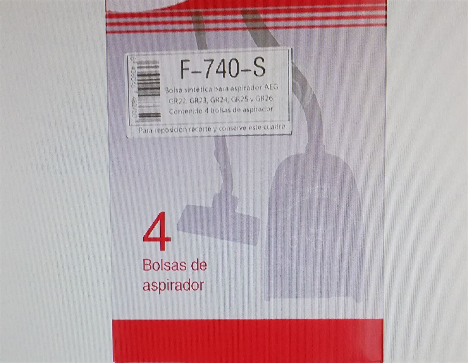 BOLSA PARA ASPIRADOR AEG GR22, GR23, GR24, GR25, CAJA 4 BOLSAS, F-740-S - Imagen 2